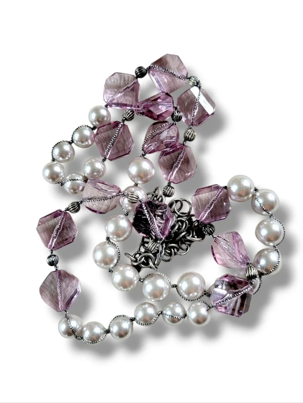 LOFT | Long Elegant Silver Tone Lavender Crystal & Faux Pearl Necklace - Picture 2 of 9